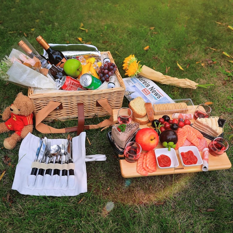 HapTim Wicker Picnic Basket for 4 with Mini Folding Wine Picnic Table & Large Insulated Cooler Bag & Cutlery Service Kits for 4 Person, Couples Gifts, Wedding Gifts (Y2307-4-CM) - Image 2